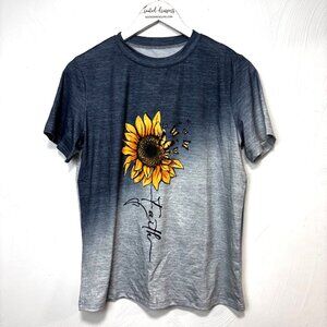 Faith Sunflower T-Shirt Blue Ombre Short Sleeve Casual Colorful Tee Womens M